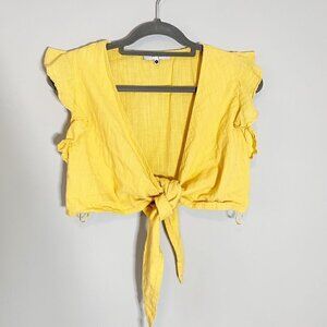 Wildfire yellow flutter sleeve crop length wrap tie linen‎ top
